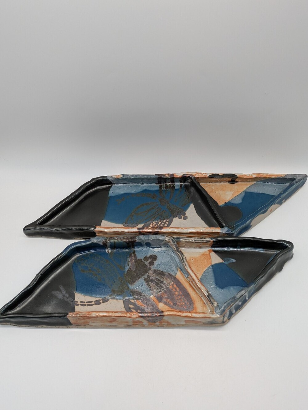Handmade Studio Pottery Ceramic Brown Blue Dragonfly Divided Trays - Set Of 2